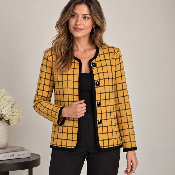 St. John Sweaters - St. John by Marie Gray Vintage Santana Knit Yellow Black Plaid Jacket Sz 6 FLAWS